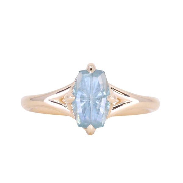 1.75ct Barion Shape Fantasy Cut Carved Montana Sapphire Split Shank Hidden Halo Six Prong Solitaire in 14k Yellow Gold