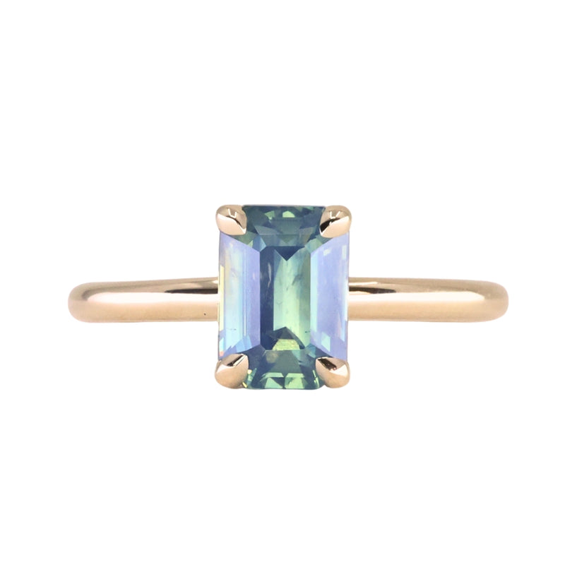 2.02ct Untreated Emerald Cut Opalescent Teal Sapphire 4 Prong Solitaire in 14k Yellow Gold