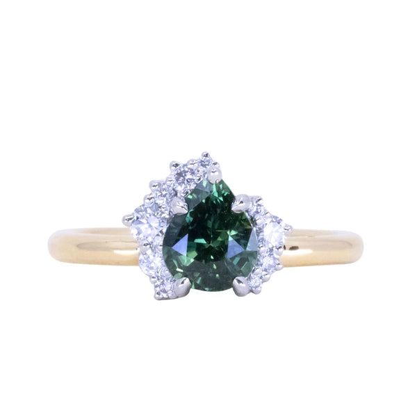 1.57ct Pear Deep Teal Green-Blue Sapphire and Diamond Asymmetrical Cluster Ring in Two Tone 18k Yellow and Platinum