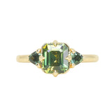 1.86ct Emerald Cut Parti Madagascar Sapphire and Trillion Sapphire Compass Set Low Profile Ring in 18k Yellow Gold