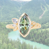 1.82ct Green Untreated Montana Marquise Sapphire in Wandering Vine Low Profile Bezel Setting with Pear Diamond in 14k Yellow Gold