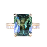 6.19ct Untreated Teal Radiant Cut Sapphire and Double Band 4 Prong Stackable Solitaire in 18k Yellow Gold