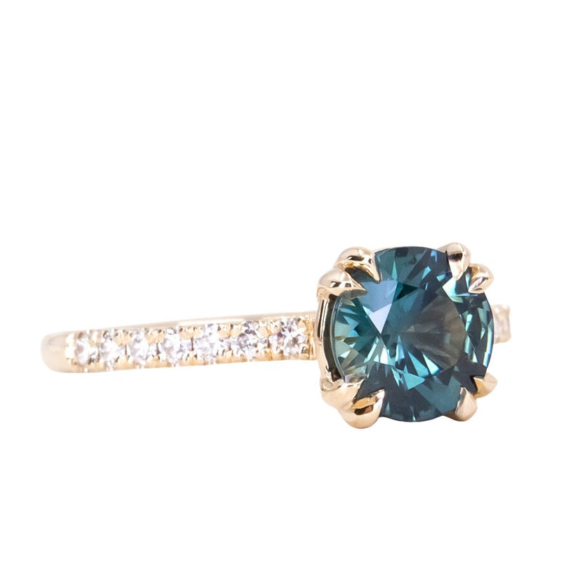 1.58ct Round Teal Sapphire Double Prong Solitaire with French Set Diamonds in 14k Yellow Gold