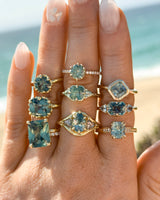 2.07ct Untreated Glowy Teal Madagascar Pear Sapphire and Trillion Grey Diamonds Low Profile Three Stone Ring in 18k Yellow Gold