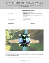 3.01ct Oval Unheated Madagascar Sapphire Hidden Halo Cathedral Solitaire in 14k Yellow Gold