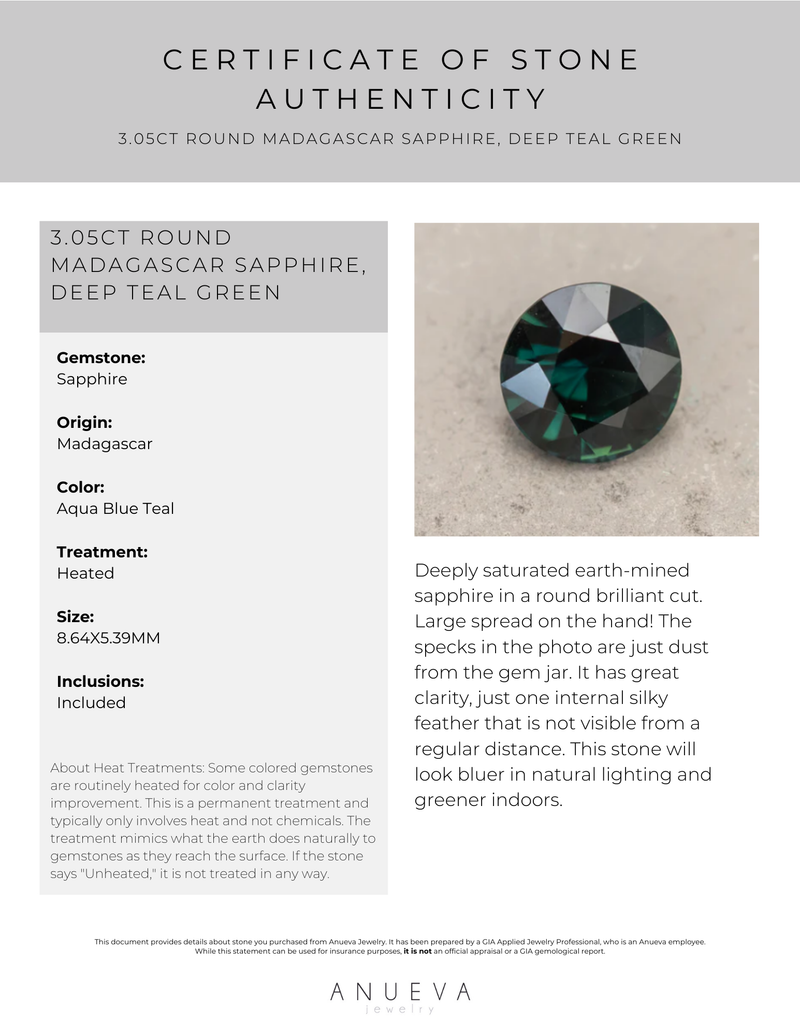 3.05CT ROUND MADAGASCAR SAPPHIRE, DEEP TEAL GREEN, 8.64X5.39MM