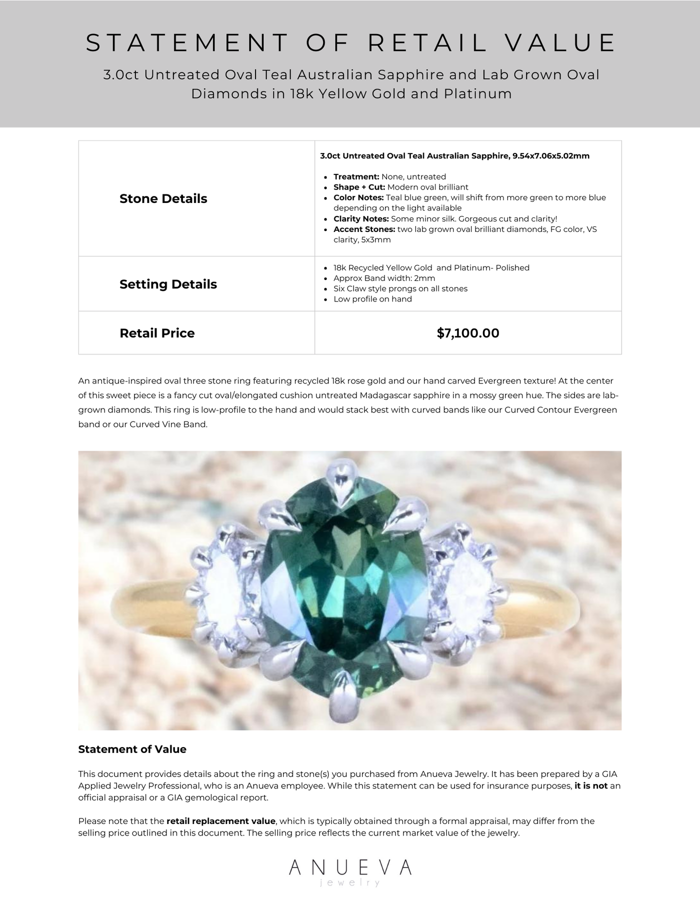 3.0ct Untreated Oval Teal Australian Sapphire and Lab Grown Oval Diamo Anueva Jewelry