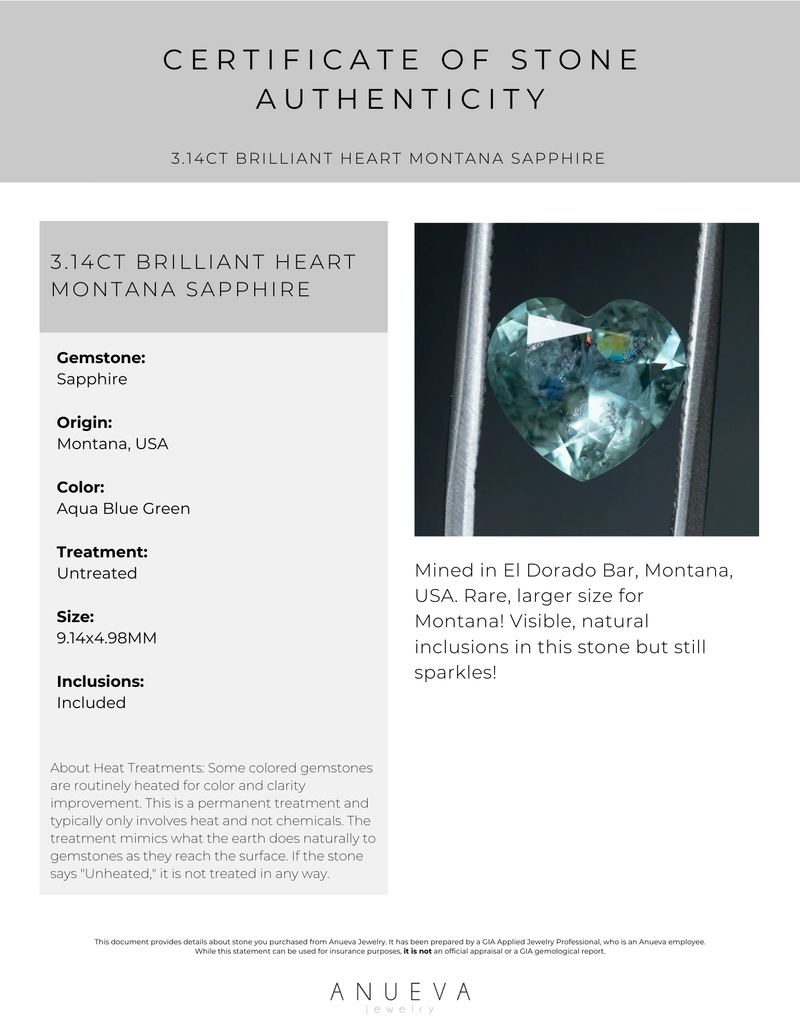 3.14CT BRILLIANT HEART MONTANA SAPPHIRE, AQUA BLUE GREEN, 9.14X4.98MM, UNTREATED, EARLY ACCESS