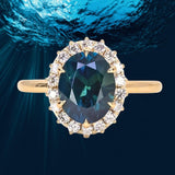 3.15ct Oval Blue Untreated Nigerian Sapphire Antique-Style Diamond Halo Ring in 18k Yellow Gold