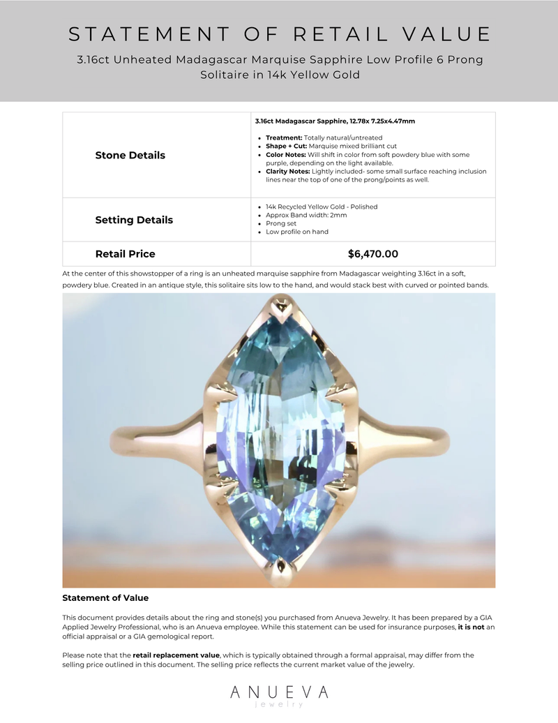3.05ct Unheated Madagascar Marquise Sapphire Low Profile 6 Prong Solitaire in 14k Yellow Gold