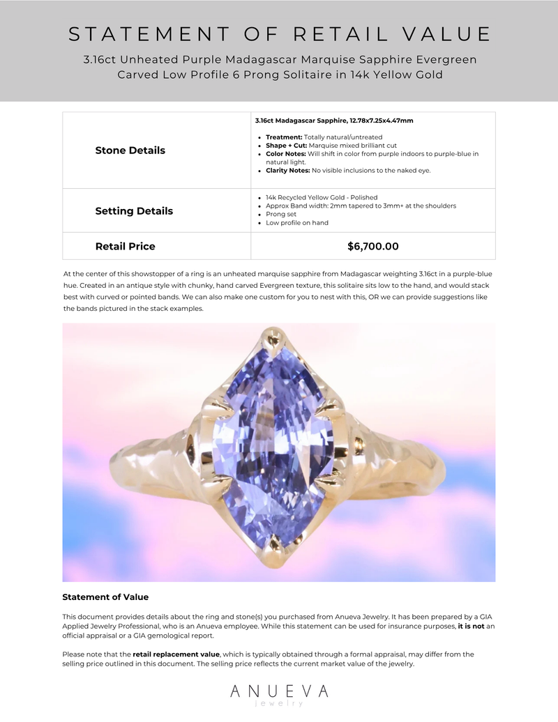 3.16ct Unheated Purple Madagascar Marquise Sapphire Evergreen Carved Low Profile 6 Prong Solitaire in 14k Yellow Gold