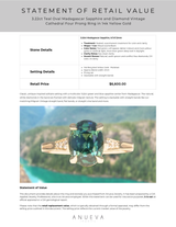 3.22ct Teal Oval Madagascar Sapphire and Diamond Vintage Cathedral Four Prong Ring in 14k Yellow Gold