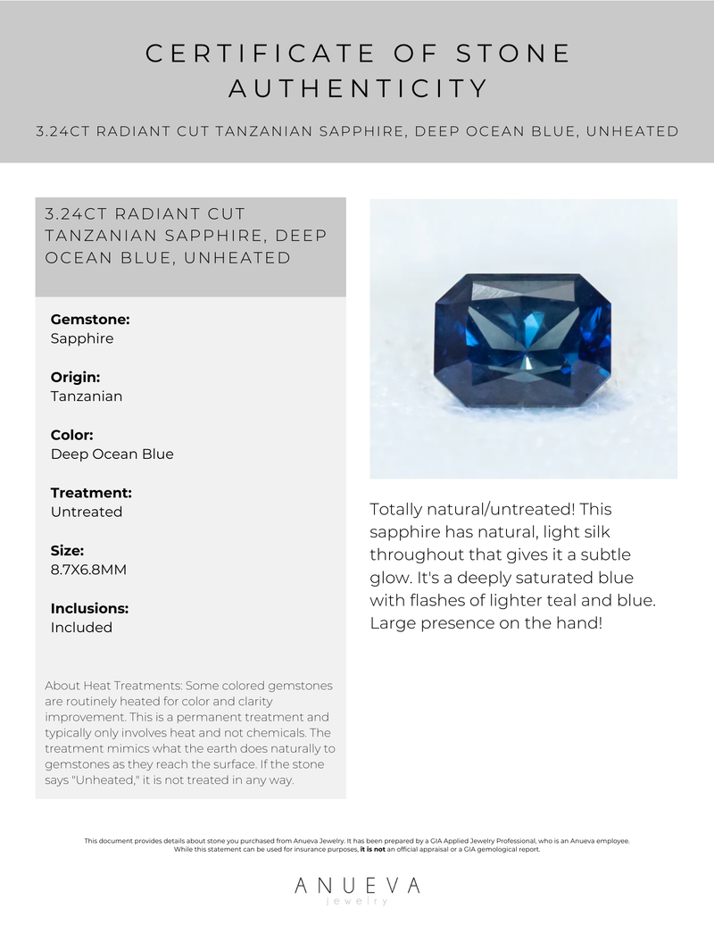 3.24CT RADIANT CUT TANZANIAN SAPPHIRE, DEEP OCEAN BLUE, 8.7X6.8MM, UNHEATED