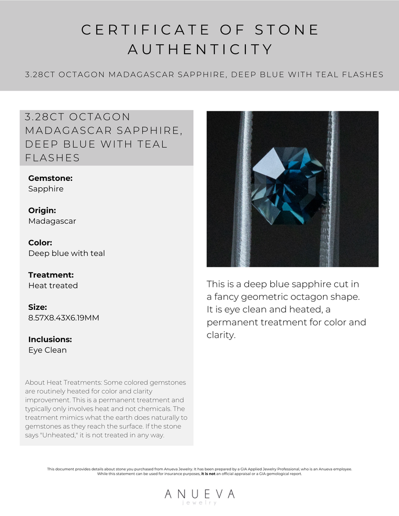 3.28CT OCTAGON MADAGASCAR SAPPHIRE, DEEP BLUE WITH TEAL FLASHES, 8.57X8.43X6.19MM