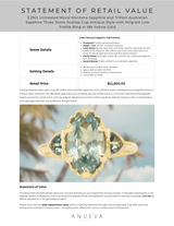 3.29ct Untreated Moval Montana Sapphire and Trillion Australian Sapphire Three Stone Scallop Cup Antique Style with Milgrain Low Profile Ring in 18k Yellow Gold