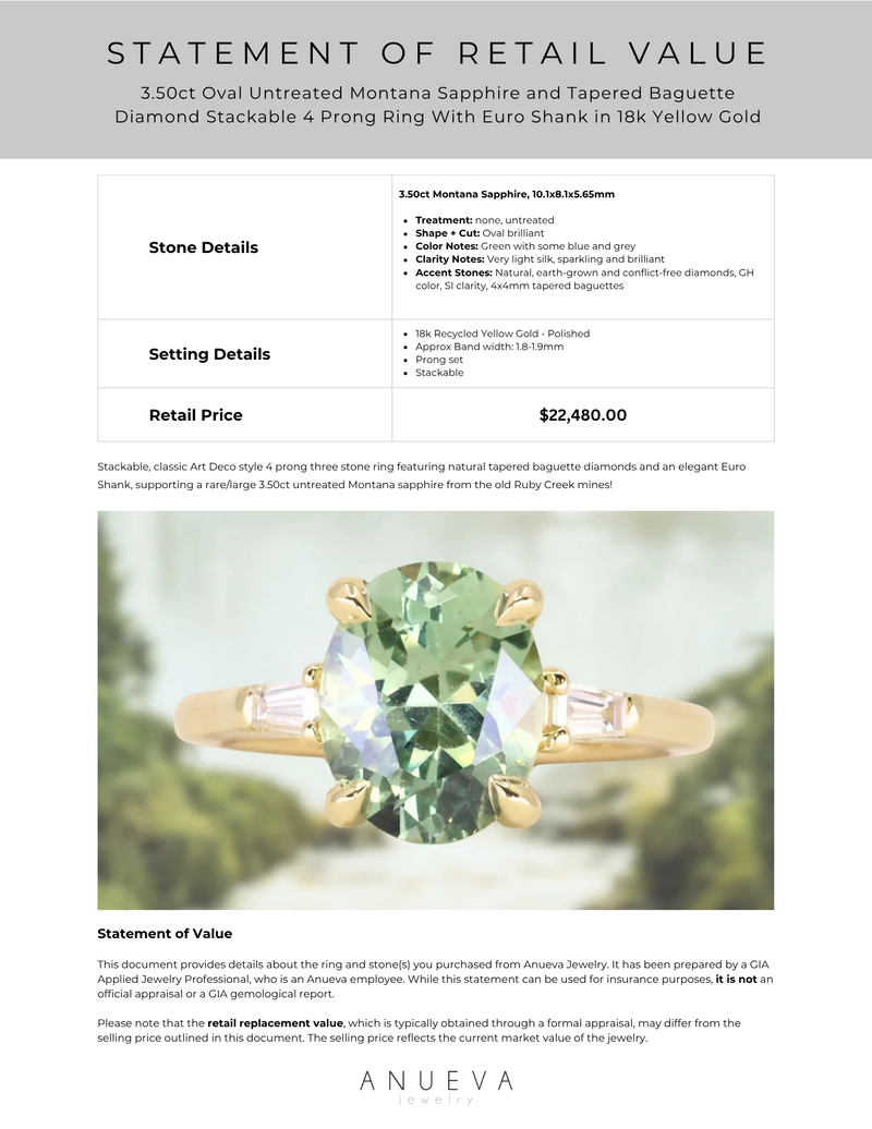 3.50ct Oval Untreated Montana Sapphire and Tapered Baguette Diamond Stackable 4 Prong Ring With Euro Shank in 18k Yellow Gold