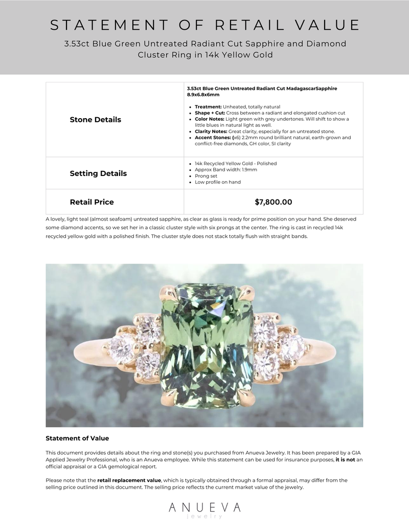 3.53ct Blue Green Untreated Radiant Cut Sapphire and Diamond Cluster Ring in 14k Yellow Gold