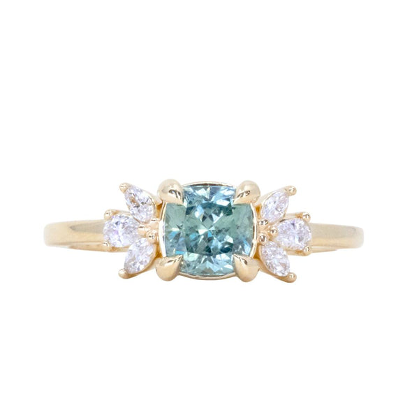 1.11ct Light Teal Blue Cushion Cut Untreated Montana Sapphire and Lab Grown Marquise Diamond Cluster Ring in 14k Yellow Gold