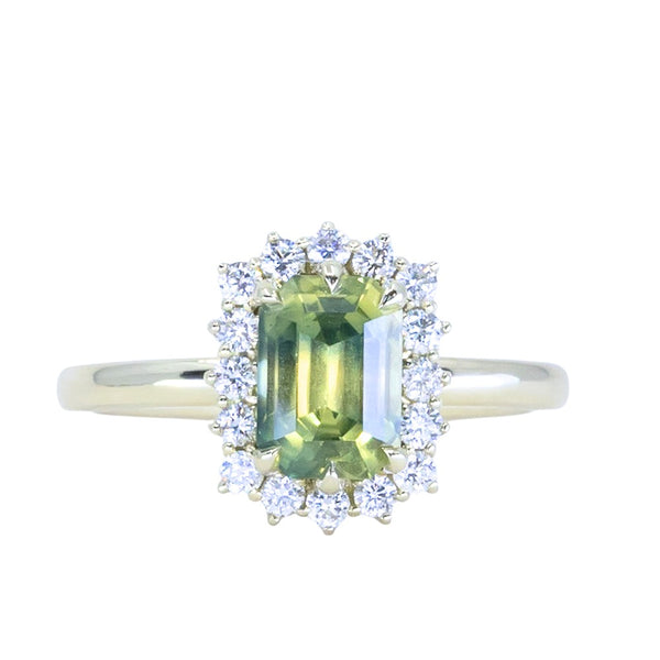 1.98ct Untreated Emerald Cut Parti Nigerian Sapphire Antique-Style Diamond Halo Ring in 14k Green Gold