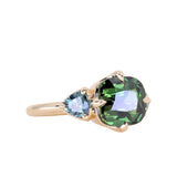 4.08ct Cushion Cut Green Madagascar Sapphire and Trillion Australian Sapphire Antique Compass Set Low Profile Ring in 14k Yellow Gold
