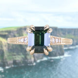 2.96ct Emerald Cut Deep Teal Green Sapphire and Diamond Vintage Cathedral Double Prong Ring in 14k Yellow Gold