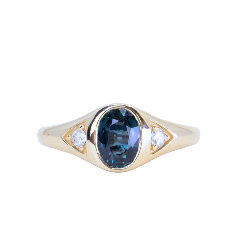 1.51ct Oval Blue Untreated Montana Sapphire Signet Style Ring with Diamonds in 14k Yellow Gold