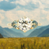 1.64ct Vintage Transitional Cut Diamond and Trillion Australian Sapphire Antique Style Compass Set Low Profile Ring with Scallop Details in 18k Yellow Gold