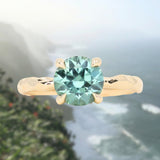 2.06ct Round Untreated Teal Montana Sapphire Hidden Halo Low Profile Evergreen Carved Four Prong Solitaire in 14k Yellow Gold