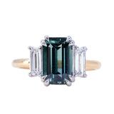 3.05ct Teal Emerald Cut Sapphire Three Stone Ring with Baguette Diamonds in Platinum & 18k Yellow Gold