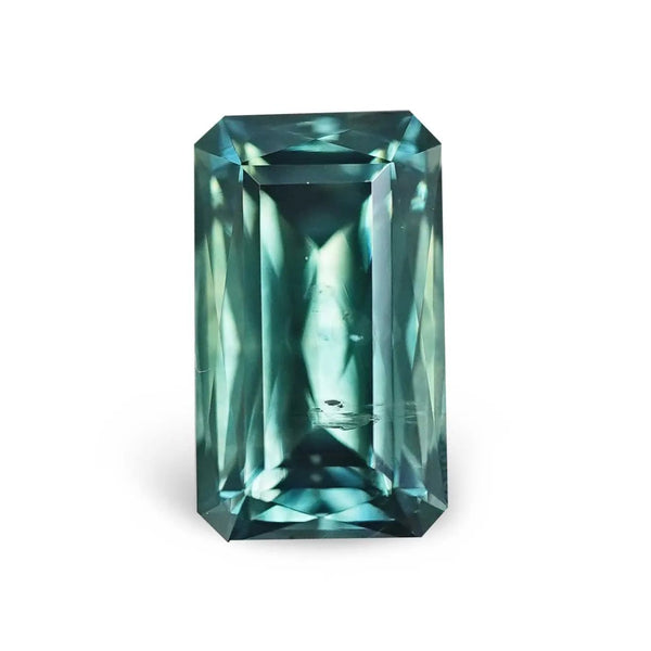 1.37CT ELONGATED RADIANT STYLE PRECISION CUT MONTANA SAPPHIRE, PARTI TEAL GREEN, 7.6X4.5MM