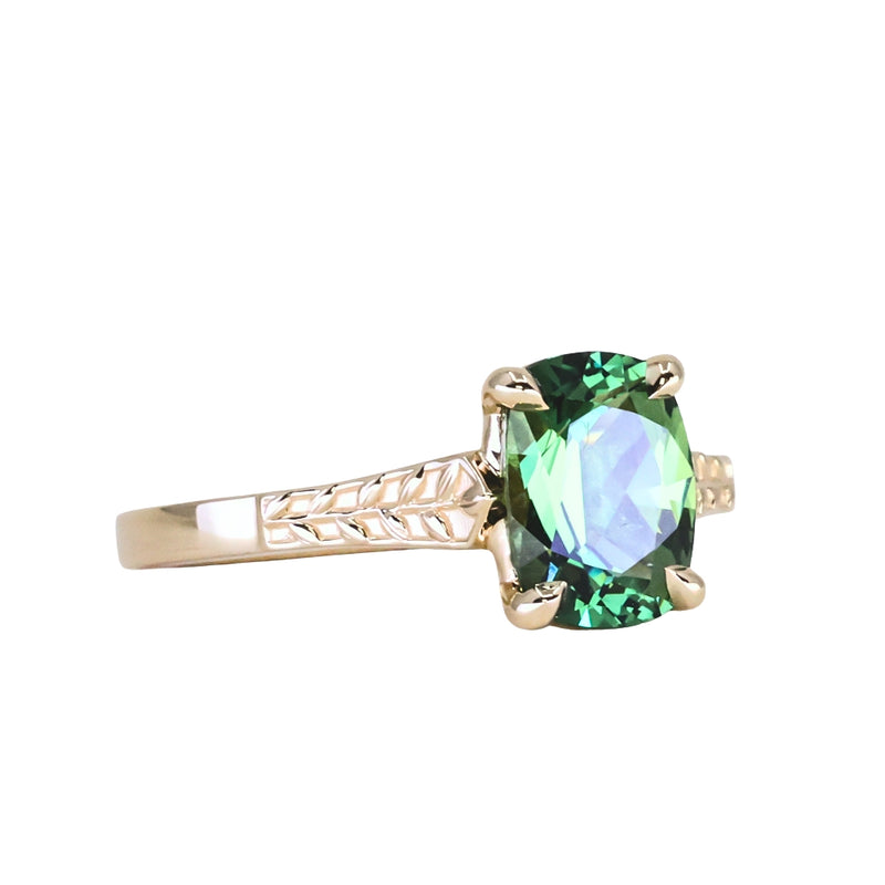 1.98ct Untreated Australian Elongated Cushion Cut Sapphire Vine Cathedral Four Prong Ring in 14k Yellow Gold