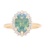 2.05ct Untreated Oval Opalescent Seafoam Green Nigerian Sapphire Antique-Style Diamond Halo Ring in 14k Yellow Gold