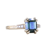 2.96ct Emerald Cut Deep Teal Green Sapphire and Diamond Vintage Cathedral Double Prong Ring in 14k Yellow Gold