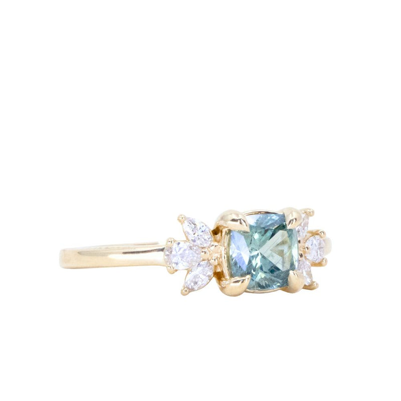 1.11ct Light Teal Blue Cushion Cut Untreated Montana Sapphire and Lab Grown Marquise Diamond Cluster Ring in 14k Yellow Gold