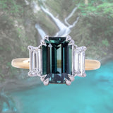 3.05ct Teal Emerald Cut Sapphire Three Stone Ring with Baguette Diamonds in Platinum & 18k Yellow Gold