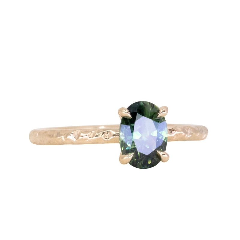 1.10ct Deep Teal Madagascar Sapphire Evergreen Carved 4 Prong Solitaire in 14k Yellow Gold