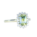 1.98ct Untreated Emerald Cut Parti Nigerian Sapphire Antique-Style Diamond Halo Ring in 14k Green Gold