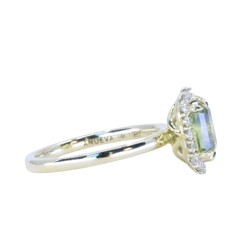 1.98ct Untreated Emerald Cut Parti Nigerian Sapphire Antique-Style Diamond Halo Ring in 14k Green Gold