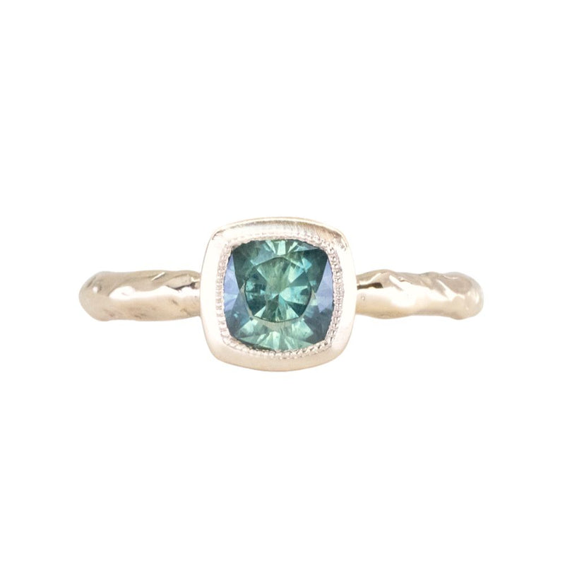 1.13ct Cushion Cut Rock Creek Montana Sapphire Low Profile Bezel Ring with Evergreen Texture and Milgrain in 14k Yellow Gold