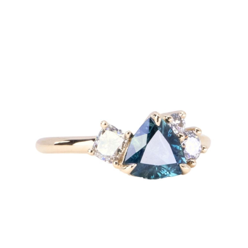 1.54ct Trillion Ocean Blue Montana Sapphire and Natural Diamond Mountainscape Ring in 14k Yellow Gold