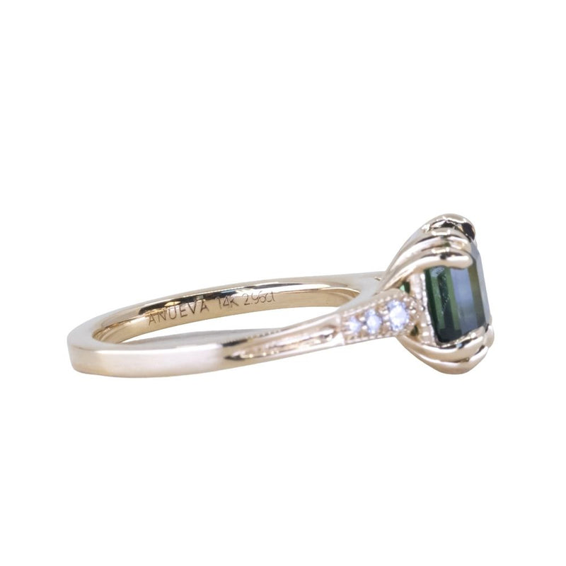 2.96ct Emerald Cut Deep Teal Green Sapphire and Diamond Vintage Cathedral Double Prong Ring in 14k Yellow Gold