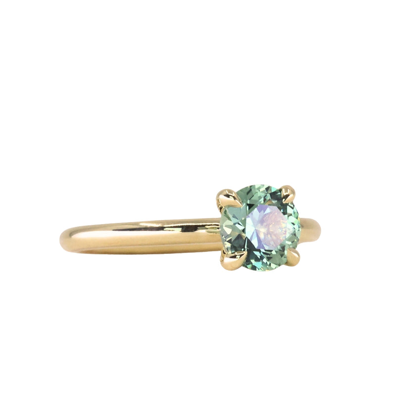 1.30ct Untreated Precision Cut Round Light Teal Montana Sapphire Classic 4 Prong Solitaire in 18k Yellow Gold