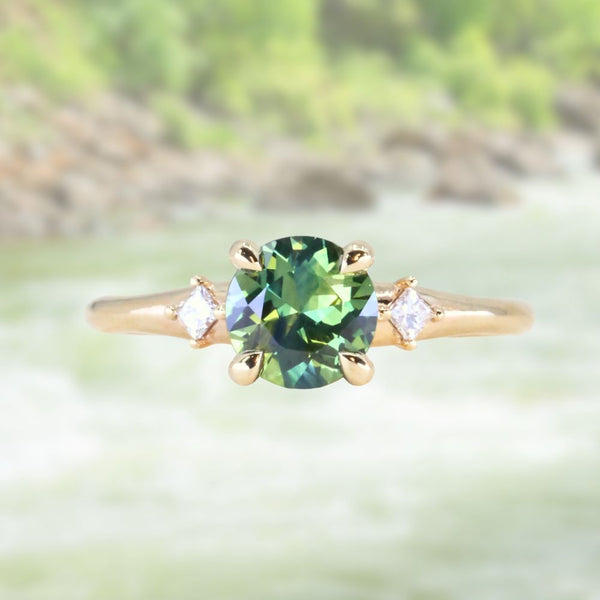 1.15ct Untreated Australian Parti Sapphire and Princess Cut Diamond Rapids Low Profile Ring in 14k Yellow Gold