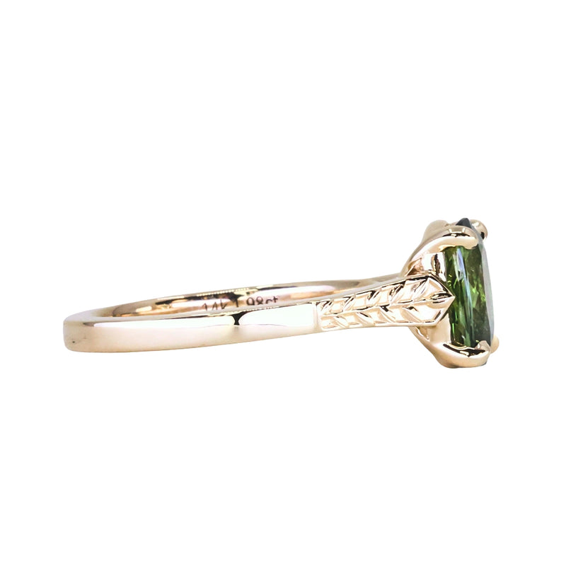 1.98ct Untreated Australian Elongated Cushion Cut Sapphire Vine Cathedral Four Prong Ring in 14k Yellow Gold