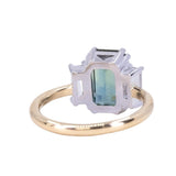 3.05ct Teal Emerald Cut Sapphire Three Stone Ring with Baguette Diamonds in Platinum & 18k Yellow Gold