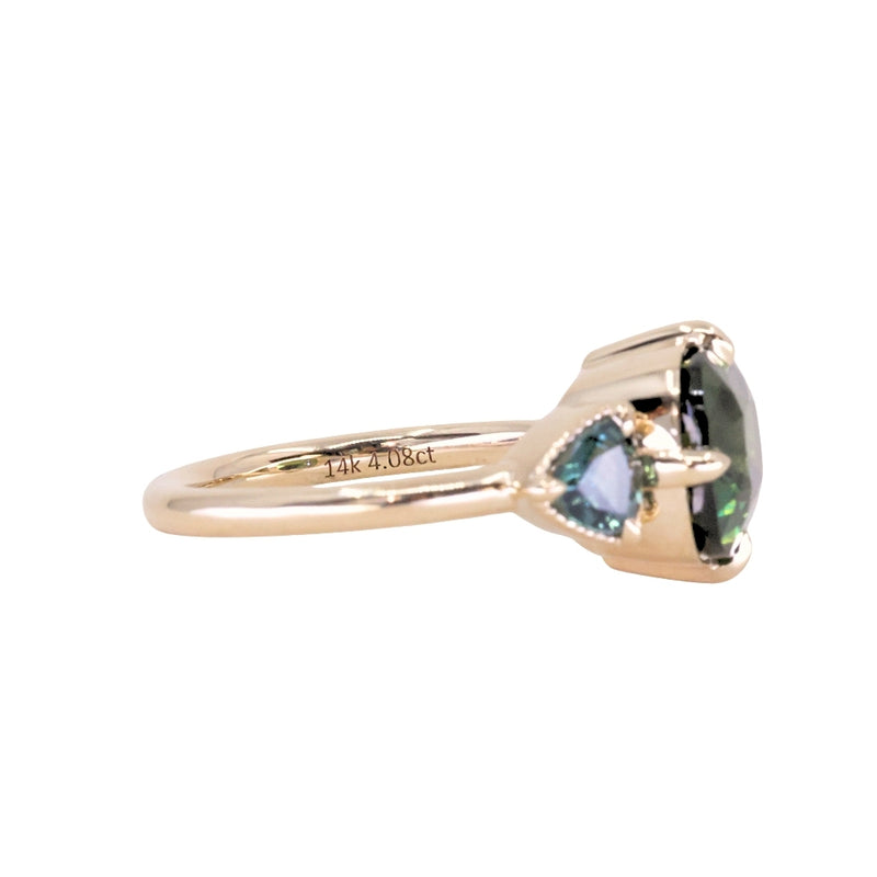 4.08ct Cushion Cut Green Madagascar Sapphire and Trillion Australian Sapphire Antique Compass Set Low Profile Ring in 14k Yellow Gold