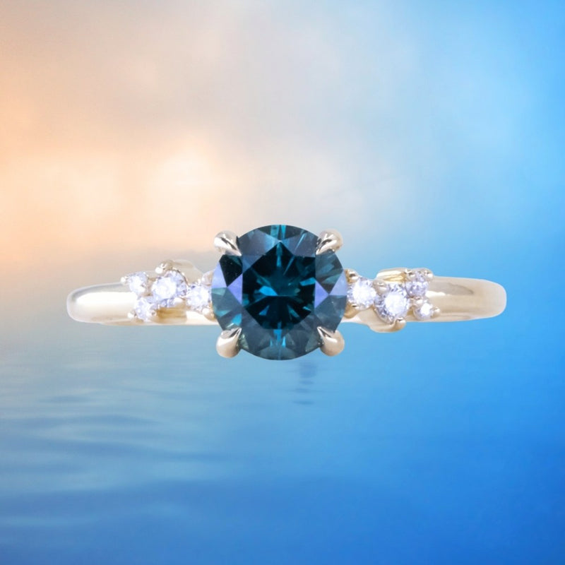 1.14ct Deep Teal Round Montana Sapphire and Diamond Starry Night Low Profile Solitaire in 14k Yellow Gold