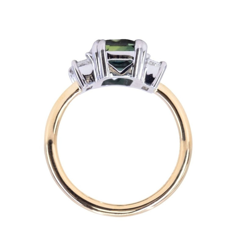 3.05ct Teal Emerald Cut Sapphire Three Stone Ring with Baguette Diamonds in Platinum & 18k Yellow Gold