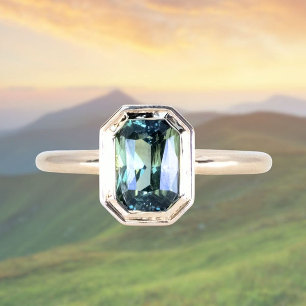 2.05ct Radiant Cut Green Sapphire Low Profile Bezel Hidden Diamond Halo Solitaire Ring in 14k Yellow Gold