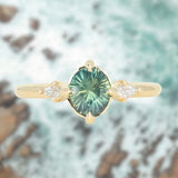 1.23ct Untreated Opalescent Nigerian Teal Speciality Fantasy Cut Sapphire and Kite Diamond Three Stone Compass Set Low Profile Ring in 14k Yellow Gold